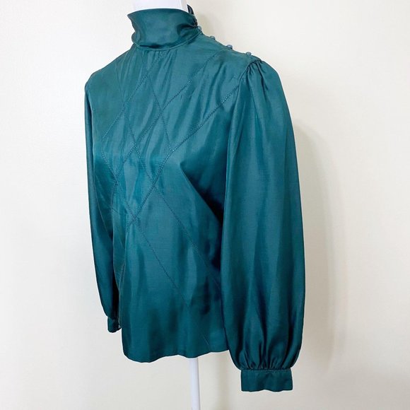 VTG 1970s Green High Neck Blouse - Picture 3 of 12